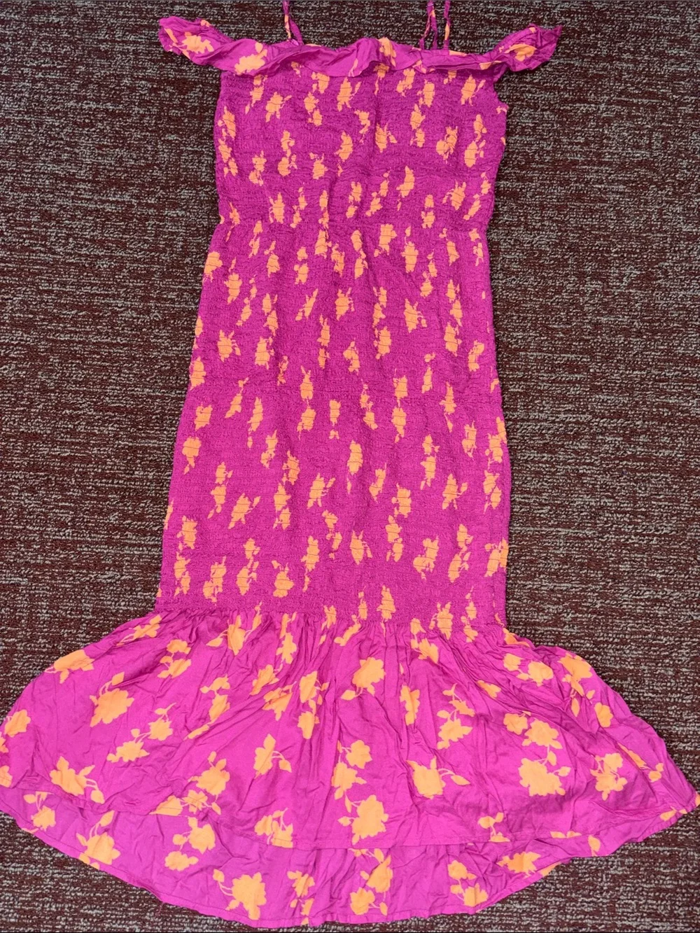 Anthropologie dress magenta smocked floral bell hem removable strap fitted med